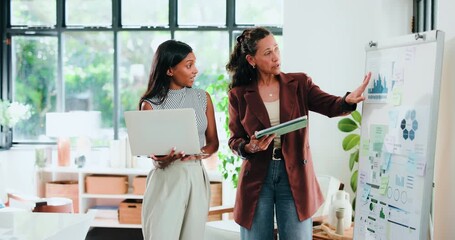 Laptop, tablet and whiteboard with designer people in office for analysis or project management. App, computer or review of data charts with employee and mentor woman in workplace for feedback - Powered by Adobe