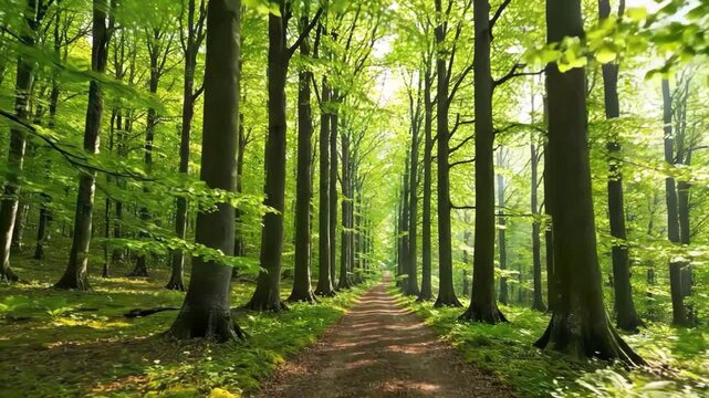 Lush green forest path lined with tall beech trees in spring sunlight