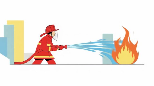 Animated Firefighter Extinguishing a Dangerous Fire with Water Hose.