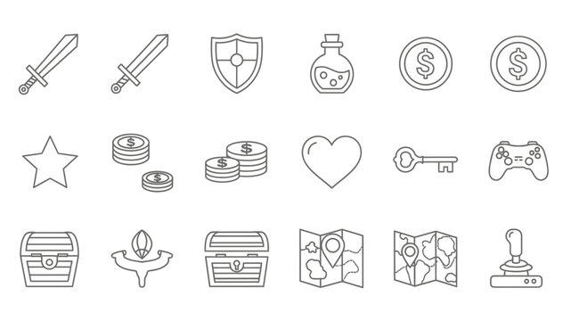 Collection of simple black and white line art icons representing gaming and fantasy items