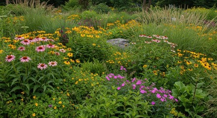 Lush wildflower meadow with pink and yellow blooms, swaying grasses, and a large rock