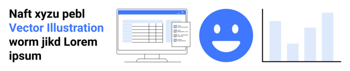 Business analytics, user feedback, data , marketing reports, abstract visuals, user interface design. Computer monitor, happy face bar chart. Business analytics and user feedback concept