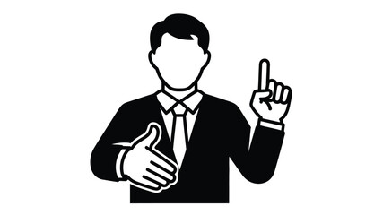 A black and white silhouette of a man gesturing with both hands forward