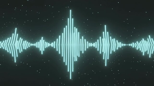 Audio waveform hologram glowing with neon cyan light line. Abstract digital music visualizer animation with drifting particles for podcast intro and sound design concept on dark background.
