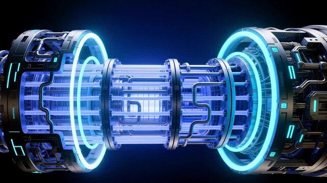 Micro reactor core close up with glowing neutron shield. Futuristic nuclear technology cylinder with cooling channels and schematic lighting for science energy concept.