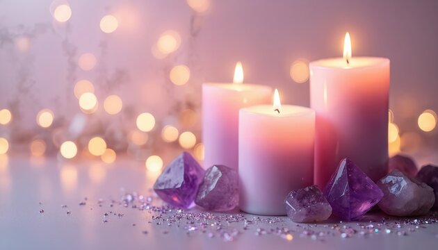 Three lit candles next to purple amethyst crystals on a reflective surface. Soft bokeh lights create a warm, tranquil, and magical atmosphere for relaxation or special events.