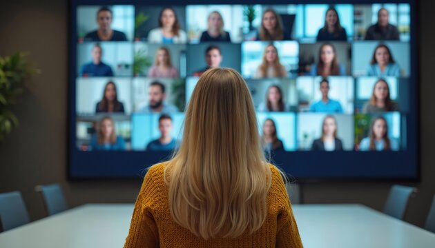 Woman leads online meeting with remote team on large screen display. Participants join video call from different locations for virtual discussion. Group connects via internet for work.