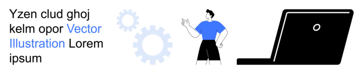 Digital technology, teamwork, innovation, remote work, efficiency, problem-solving. Person pointing near gear icons with a laptop nearby. Digital technology and teamwork concept