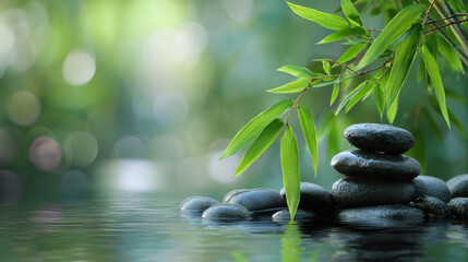 Serene arrangement of smooth stones beside gentle water and lush bamboo in a tranquil natural setting