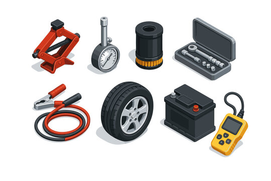 Essential car repair tools: tire, battery, jack, wrench, cables, gauge, multimeter kit