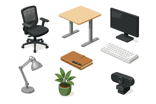 Home office essentials: desk, chair, monitor, keyboard, lamp, notebook, webcam, plant