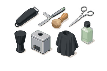 Barber tools set: clipper, razor, brush, scissors, balm, cape, electric shaver