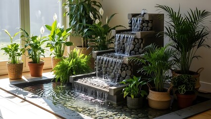 Indoor Water Fountain with Potted Plants Zen Home Decor Flowing Water for Serenity.