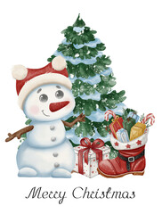 A cute snowman stands beside a decorated Christmas tree with many gifts, painted in a soft watercolor style. Great for holiday cards, posters, kids' decor, and festive stationery.