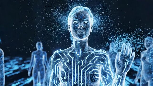 Group of glowing digital human avatars representing artificial intelligence or metaverse