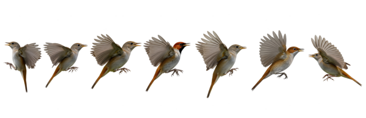 Set Of Flying Common Nightingale Bird Isolated on transparent Background, PNG, Luscinia megarhynchos 