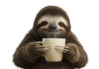 anthropomorphic mid-age sloth with volumetric multi-tonal fur gently cradles a steaming ceramic mug in a high-key white studio, concept of peaceful slow living