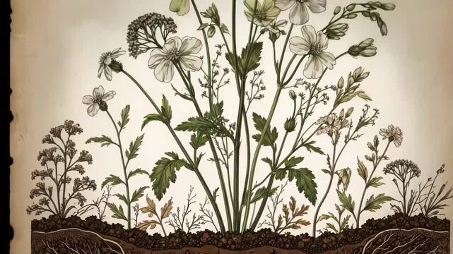 Detailed botanical illustration of plant roots in soil crosssection
