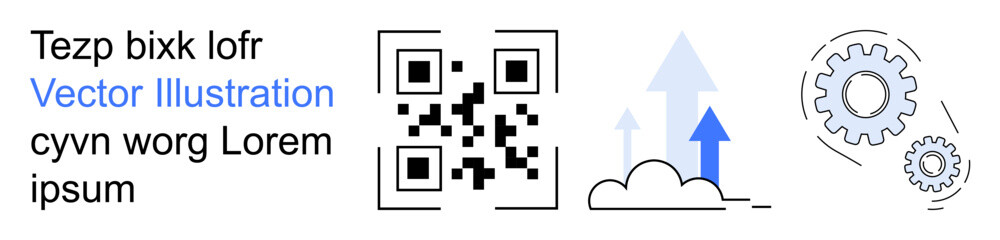 Technology, data management, cloud computing, digital transformation, innovation, connectivity. QR code, upward arrows cloud and gear symbols. Technology and data management concept