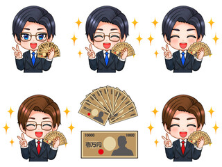 お金儲けするちびキャラ男性とお札のイラスト素材セット