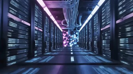 Abstract data flow in server room tunnel with pink and blue light trails - Powered by Adobe