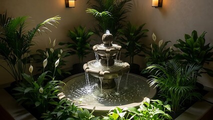 Tranquil Stone Water Fountain with Lush Plants in a Serene Evening Garden Setting.