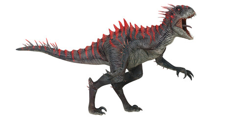 Fierce dinosaur with red spines on white background.