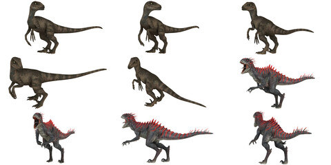 Set of dinosaur renderings in various poses. © Ilie