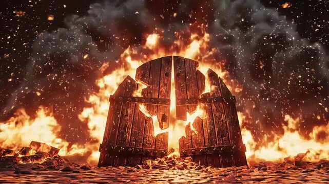 Fiery destruction wooden gate shattering amidst intense explosion and flames