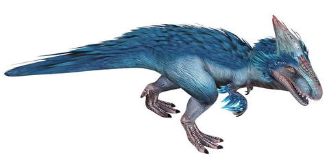 Vibrant blue dinosaur with feathered details.