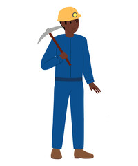 Miner. Professions collection. Man in blue jumpsuit with yellow hard hat . Man is smiling and holding pickaxe.