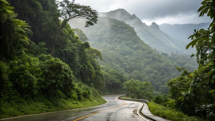 Ground-level cinematic shot of a mountain-bound forest route emerging from deep jungle foliage, smooth engineered curve leading upward into cloud-kissed terrain; rich green vegetation, untouched