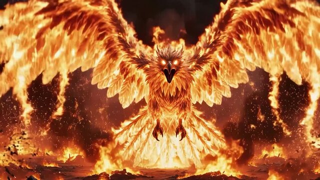 Mythical phoenix bird rising from intense flames and destruction