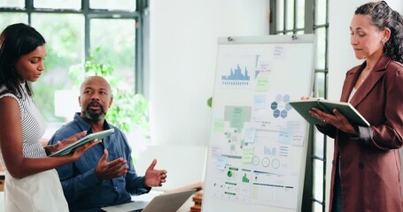 Tablet, whiteboard and business people in office with graphs for finance report with budget. Tech, discussion and team of financial advisors with statistics, charts or data for investment proposal. - Powered by Adobe