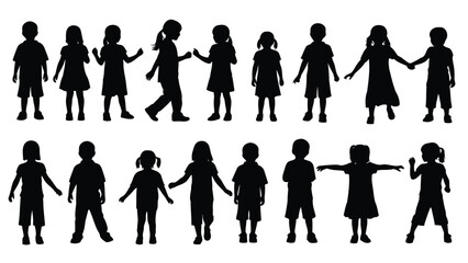 Collection of black silhouette children in various poses isolated on white background