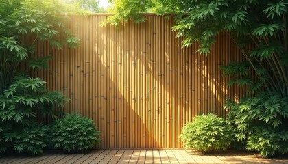 Sunlight streams onto a natural bamboo wall framed by lush green foliage and a wooden deck. Peaceful garden scene offers tranquility and organic texture. Serene outdoor backdrop.