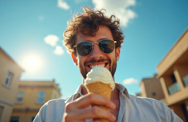 Young man wears sunglasses enjoys tasty ice cream cone on sunny day. He smiles while eating cold sweet dessert outside. Person enjoys summer vacation, tasty treat.