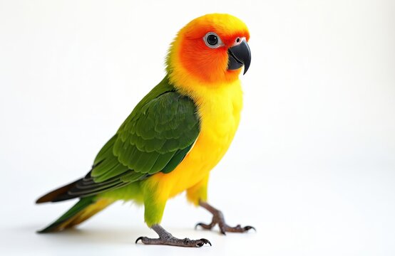Small colorful parrot walks sideways against white background. Yellow and orange head with green wings. Cute bird stands on its feet, looking forward.