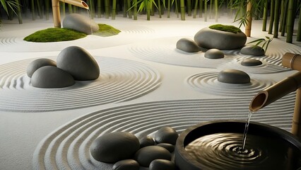 Zen Garden Raked Sand Stones Bamboo Water Feature for Meditation Peace Wellness.