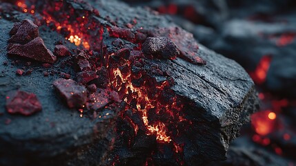 Bright red molten lava veins on dark rock images
