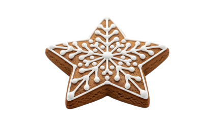 Star shaped gingerbread cookie, with white snowflake icing pattern, cutout, PNG isolated on white or transparent background