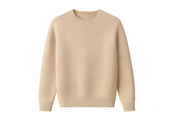 Beige cashmere crewneck sweater for winter fashion and comfortable clothing on display with transparent background
