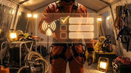 Industrial worker using augmented reality interface for safety checks and equipment monitoring.