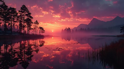 Calm lake reflecting pink sunrise with fog pictures