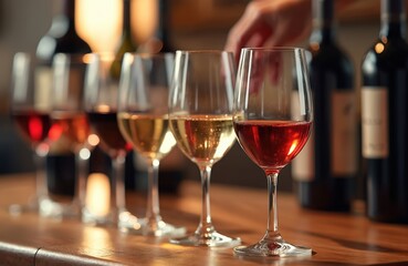 Obraz premium Line of wine glasses with red and white wine sits on wooden table. Bottles stand behind person tasting beverage. Alcohol drink samples at wine tasting event.