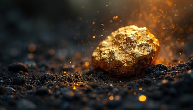 Rough gold nugget rests on dark soil with shimmering particles floating around it. Shiny valuable mineral piece shines in soft light. Concept of wealth discovery and treasure.