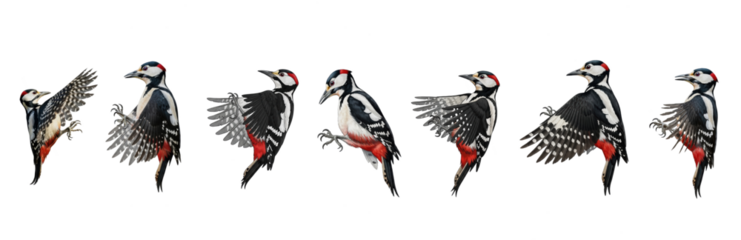 Set Of Woodpeckers in various Positions isolated on transparent background, PNG, Picidae, Woodpeckers Bird PNG, Buntspecht 