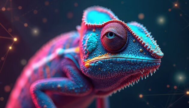 Neon digital chameleon adapts to data streams. Its scales display big data visualizations. Future tech concept animal blends with abstract network.