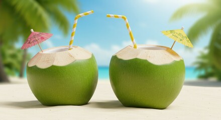 Two refreshing green coconuts with straws and umbrellas on a sandy beach