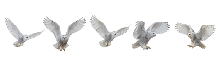 Set Of White Owl Flying In various poses isolated on transparent background, Snowy Owl (Bubo scandiacus) PNG